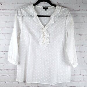 Talbots White Cotton Polka Dot Ruffle Blouse - Small